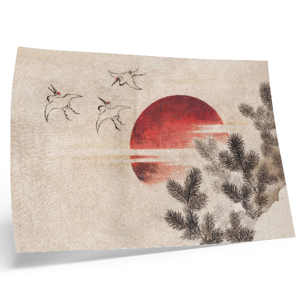 Affiche Oiseaux et coucher de soleil, estampe japonaise ancienne de Katsushika Hokusai, extraite de son Album de croquis (1814).
