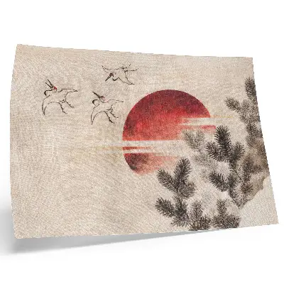 Affiche oiseaux et coucher de soleil d'après l'estampe japonaise ancienne de Katsushika Hokusai issue de son Album de croquis de 1814