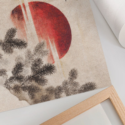 Affiche Oiseaux et coucher de soleil, estampe japonaise ancienne de Katsushika Hokusai, extraite de son Album de croquis (1814).