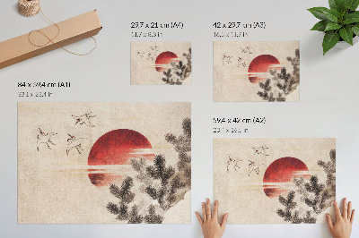 Affiche Oiseaux et coucher de soleil, estampe japonaise ancienne de Katsushika Hokusai, extraite de son Album de croquis (1814).