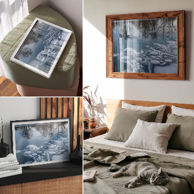 Affiche Glace sur le lac, reflets des arbres, tons bleus