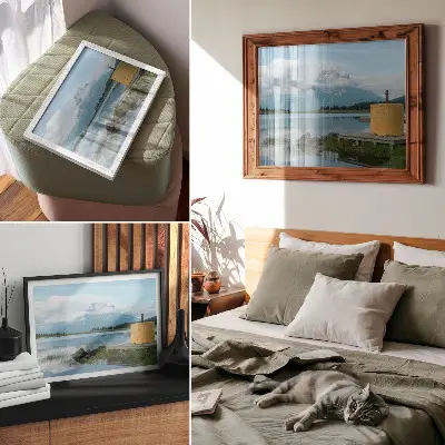Affiche et poster représentant des montagnes, un lac, des nuages et un pont