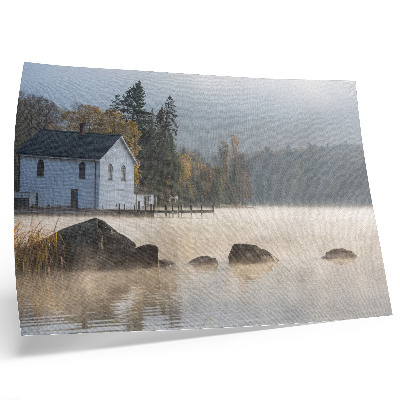 Affiche décorative Paysage brumeux, lac, chalet, arbres, automne