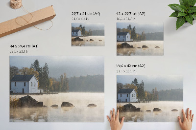 Affiche décorative Paysage brumeux, lac, chalet, arbres, automne