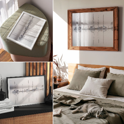 Affiche décorative reflets calmes des yachts dans le port de plaisance brumeux