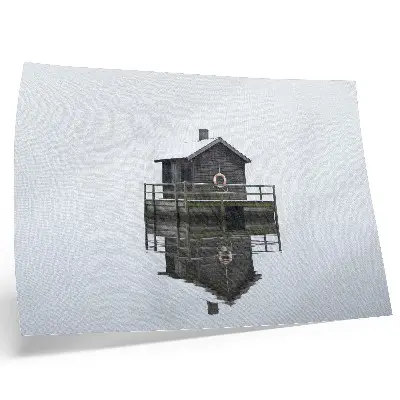 Affiche décorative chalet en bois au bord de l'eau dans un style minimaliste et symétrique