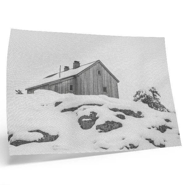 Affiche Une maison d'hiver minimaliste sur fond de neige