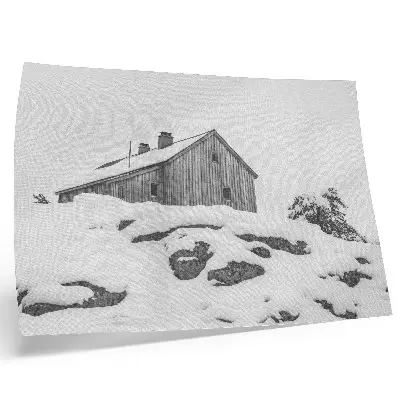 Affiche représentant une maison d'hiver minimaliste sur fond de neige