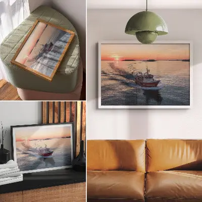 Affiche et poster coucher de soleil sur la mer calme avec des bateaux en mouvement
