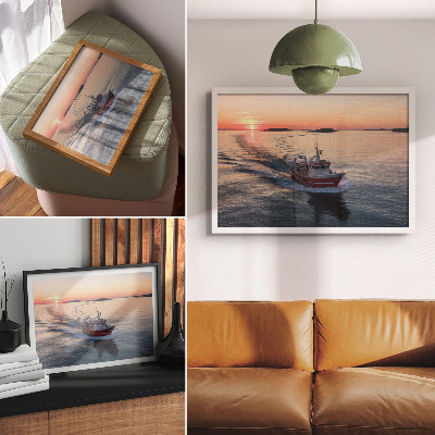 Affiche et poster Coucher de soleil sur la mer calme, mouvement des bateaux