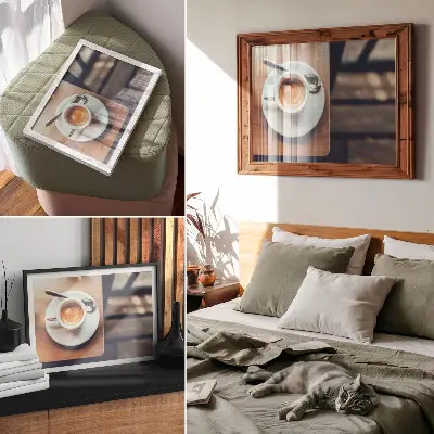 Affiche et poster une tasse d'expresso sur une table en bois avec contraste