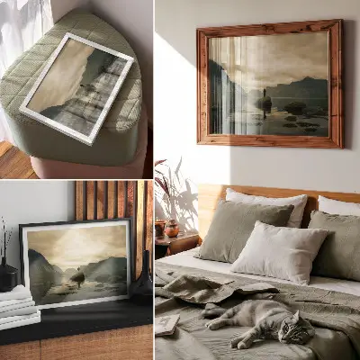 Affiche décorative montagnes et lac avec une personne en harmonie avec la nature