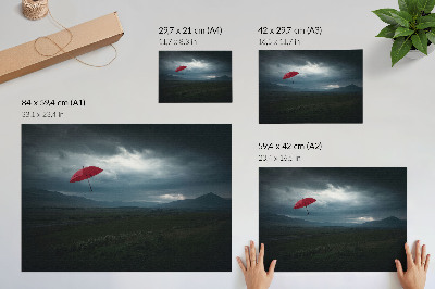 Affiche et poster Parapluie rouge, nuages ​​sombres, paysage de montagnes
