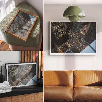 Affiche décorative panorama urbain vu du ciel avec lumières nocturnes et style moderne