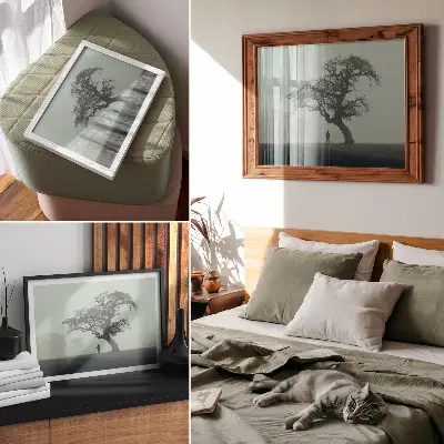 Affiche et poster l'atmosphère d'un arbre solitaire dans la brume avec une silhouette sombre
