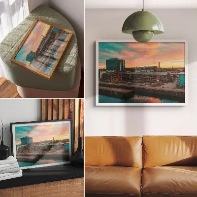 Affiche bâtiments industriels au coucher du soleil dans une atmosphère paisible