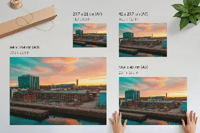 Affiche bâtiments industriels au coucher du soleil dans une atmosphère paisible