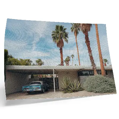 Affiche décorative palmiers exotiques devant une maison moderniste avec une voiture classique