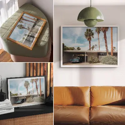 Affiche décorative palmiers exotiques devant une maison moderniste avec une voiture classique
