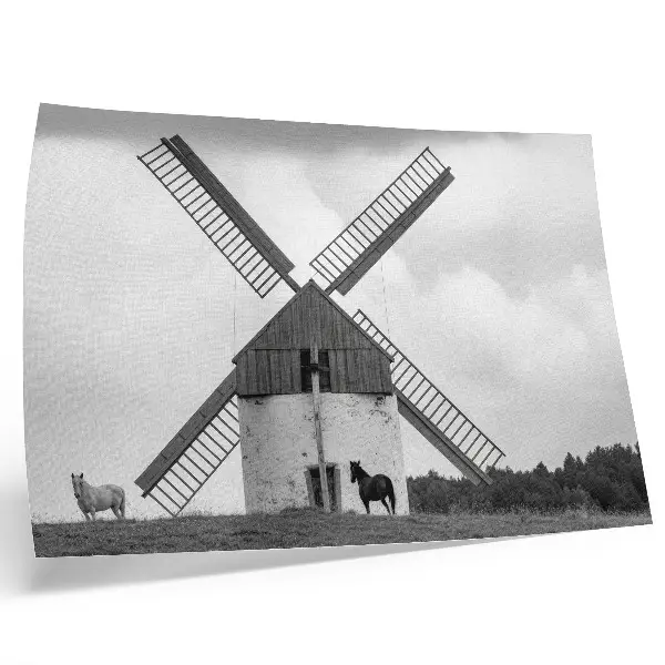 Affiche représentant un moulin à vent noir et blanc dans un champ avec des chevaux