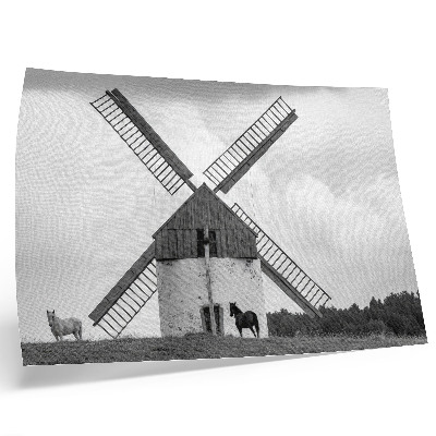 Affiche Un moulin à vent noir et blanc dans un champ avec des chevaux