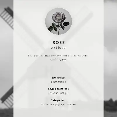 Affiche représentant un moulin à vent noir et blanc dans un champ avec des chevaux