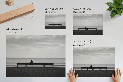 Affiche Personne assise sur un banc au bord de la mer, harmonie grise