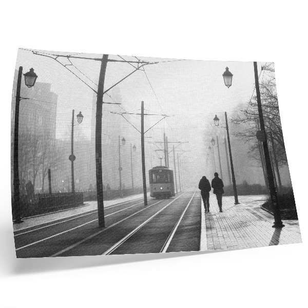 Affiche Tram, brouillard, réverbères, ambiance urbaine