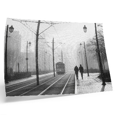 Affiche Tram, brouillard, réverbères, ambiance urbaine