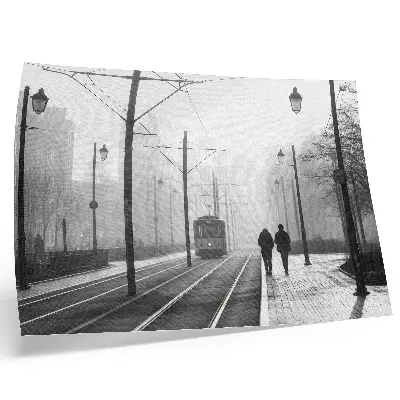 Affiche tram, brouillard, réverbères et ambiance urbaine