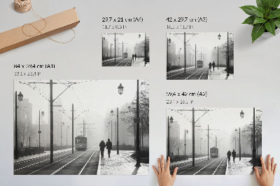 Affiche Tram, brouillard, réverbères, ambiance urbaine