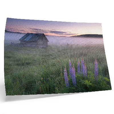 Affiche Chalet en bois pittoresque brume fleurs nature
