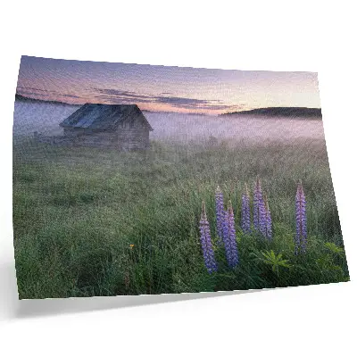 Affiche chalet en bois pittoresque dans la brume avec des fleurs dans la nature