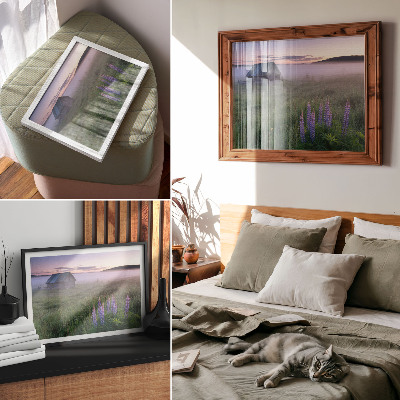Affiche Chalet en bois pittoresque brume fleurs nature