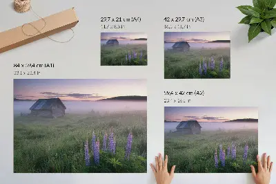 Affiche chalet en bois pittoresque dans la brume avec des fleurs dans la nature
