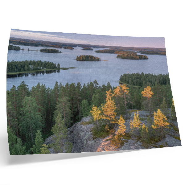Affiche décorative Forêt de pins, île, lac, ciel pastel