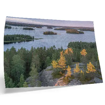 Affiche décorative forêt de pins, île, lac et ciel pastel