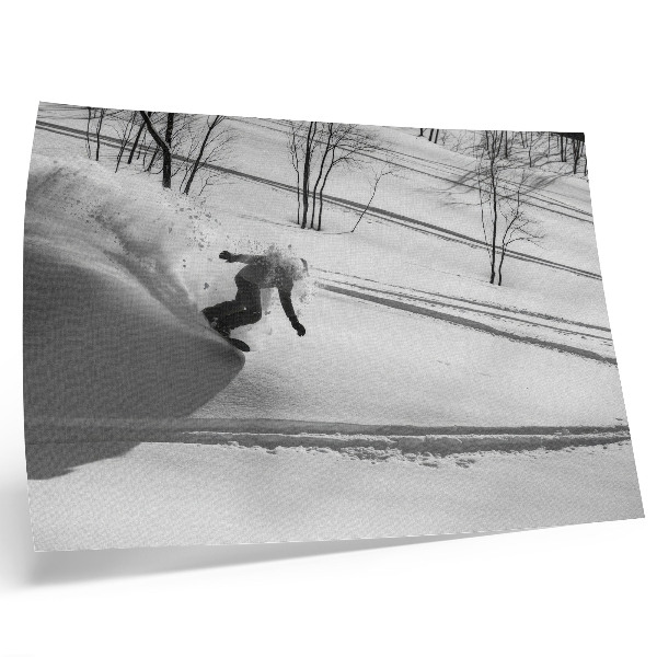 Affiche décorative Snowboardeur en action, neige, arbres, contrastes