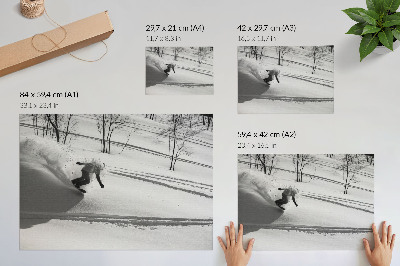 Affiche décorative Snowboardeur en action, neige, arbres, contrastes