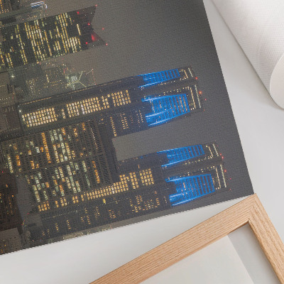 Affiche gratte-ciel illuminés la nuit, ville moderne, bâtiments