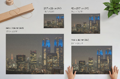 Affiche gratte-ciel illuminés la nuit, ville moderne, bâtiments