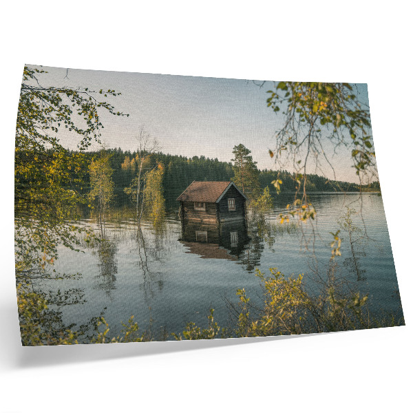 Affiche décorative chalet au bord du lac, paisible, avec la forêt se reflétant dans l'eau.