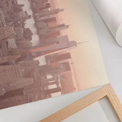 Affiche gratte-ciel imposants au coucher de soleil aux couleurs chaudes