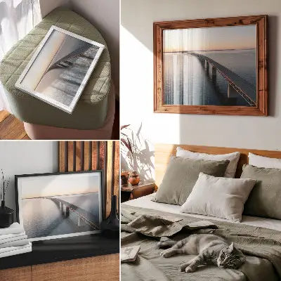 Affiche un pont surplombant une mer calme au coucher du soleil