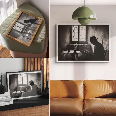Affiche décorative ambiance en noir et blanc représentant un homme avec un livre à l'élégance classique