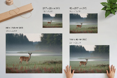 Affiche décorative Cerfs se détachant sur fond de prairies brumeuses et de forêt