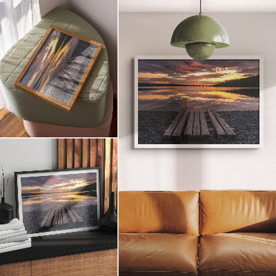Affiche Lac au coucher du soleil, couleurs chaudes du bois