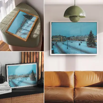 Affiche décorative paysage d'hiver avec architecture classique et ambiance de Noël