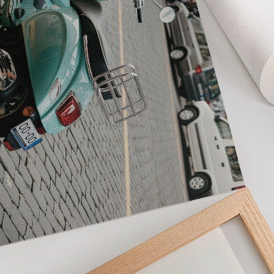 Affiche et poster Scooter vintage, rue pavée, arrière-plan urbain