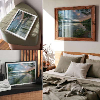 Affiche reflets du lac, ciel vert, arbres calmes